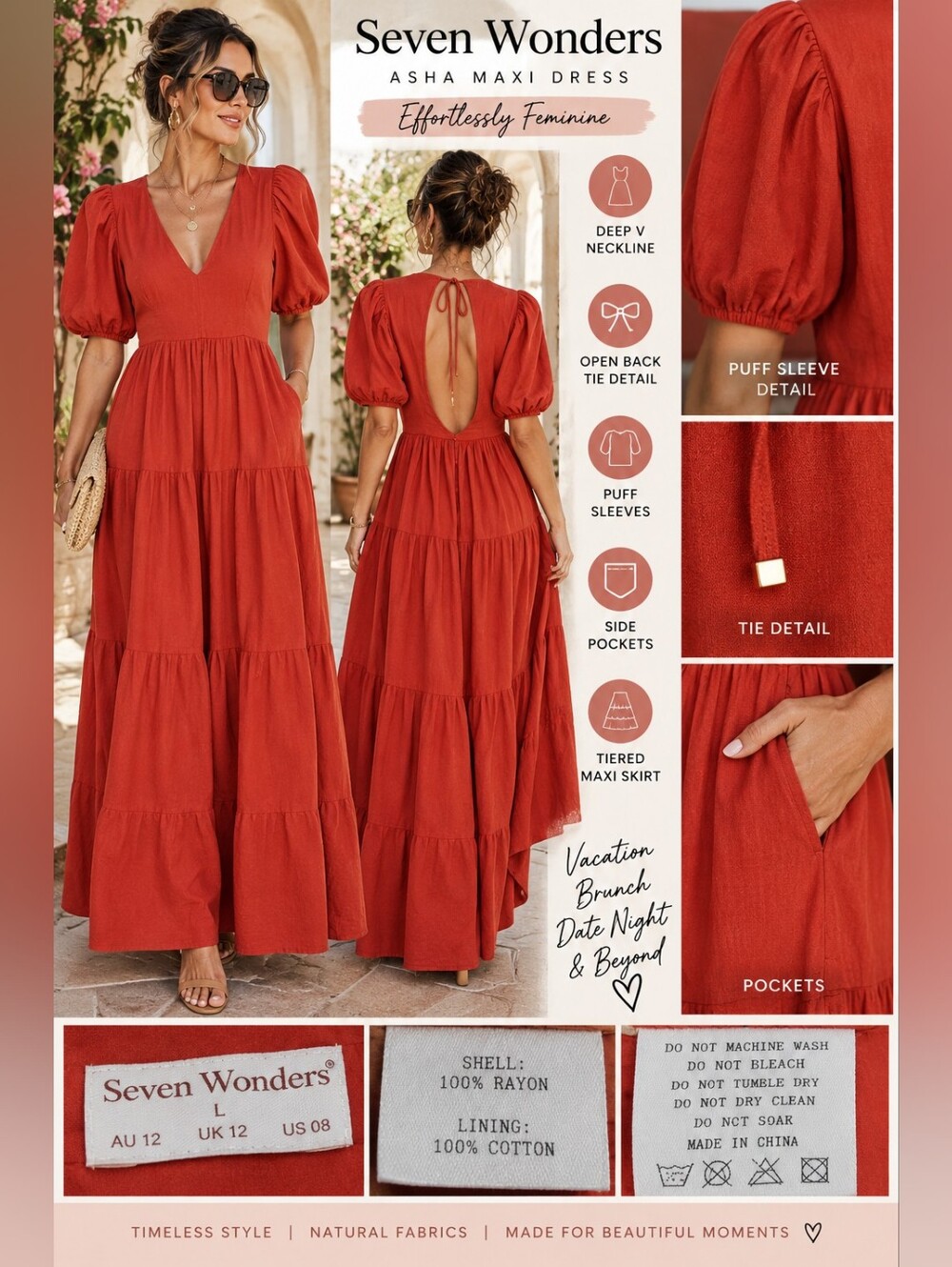 Seven Wonders Asha Coral Red Open BAsha Maxi Dress - Rust Red Tiered Puff Sleeve